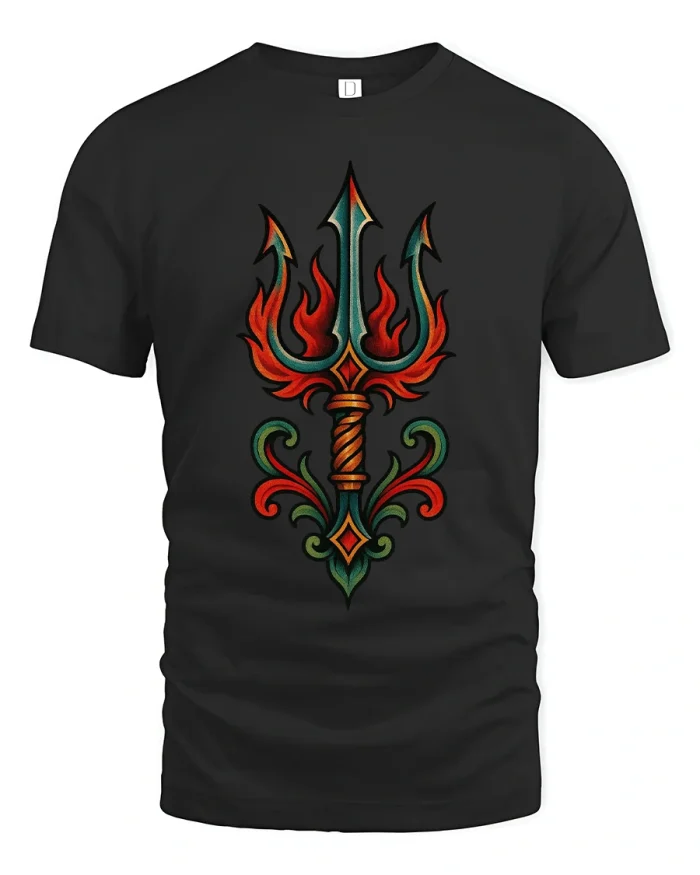 Flaming Trident Symbol T Shirt With Mythic Power Art - black t-shirt on white background