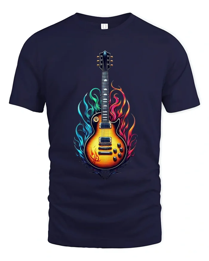 Flaming Electric Guitar T Shirt With Rock Music Fire Art Style - navy t-shirt on white background