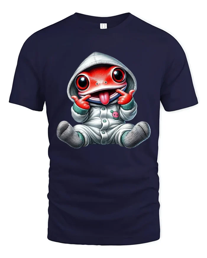 Cute Funny Frog Tee With Playful Baby Character Cartoon Art - navy t-shirt on white background