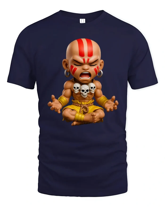 Cute Fierce Warrior Baby Tee With Funny Angry Chibi Style - navy t-shirt on white background