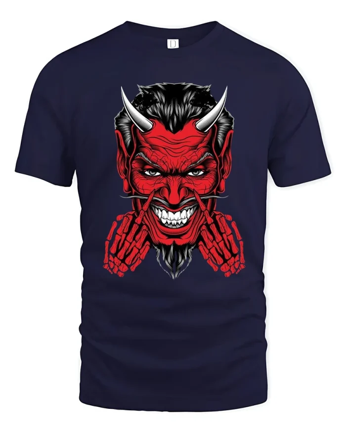 Dark Devil Smile Tee With Intense Red Demon Face Artwork - navy t-shirt on white background