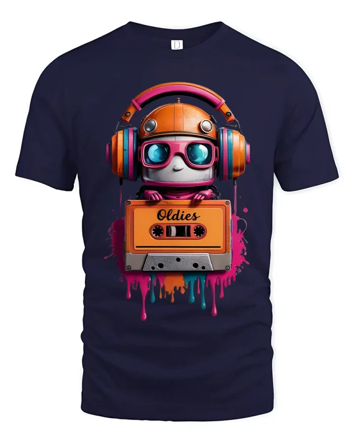 Retro Robot Oldies Music Tee With Cassette Tape Art Style - navy t-shirt on white background