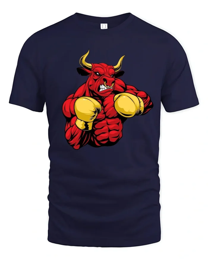Angry Boxing Bull Tee With Powerful Muscle Cartoon Artwork - navy t-shirt on white background