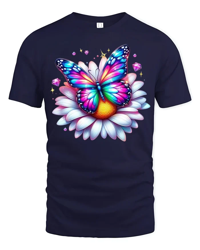 Colorful Butterfly Flower Tee With Magical Rainbow Fantasy Art - navy t-shirt on white background