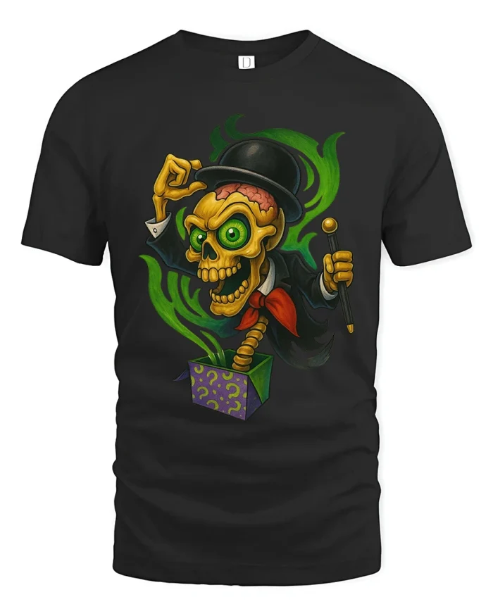 Magic Skeleton Jack In Box Tshirt Creepy Funny Cartoon Art - black t-shirt on white background