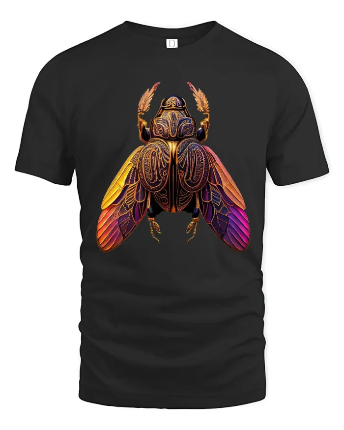 Sacred Scarab Beetle Tshirt Luxury Golden Insect Art Design - black t-shirt on white background