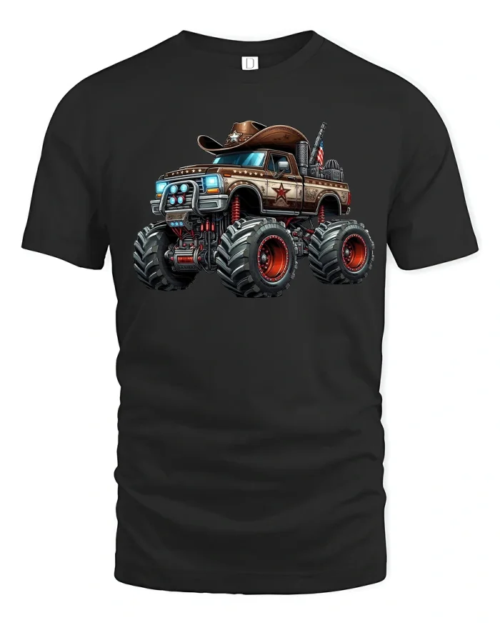 Cowboy Monster Truck Tshirt Wild Western Power Ride Artwork - black t-shirt on white background