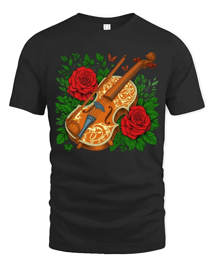 Elegant Violin Rose Tshirt Romantic Floral Music Art Design - black t-shirt on white background