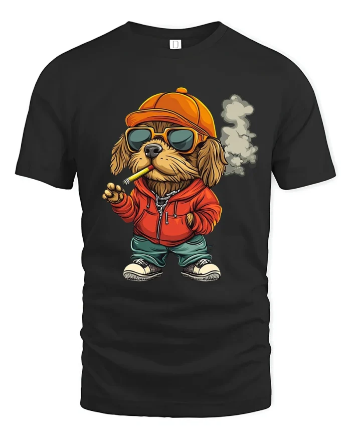Cool Smoking Dog Tshirt Funny Street Style Cartoon Artwork - black t-shirt on white background