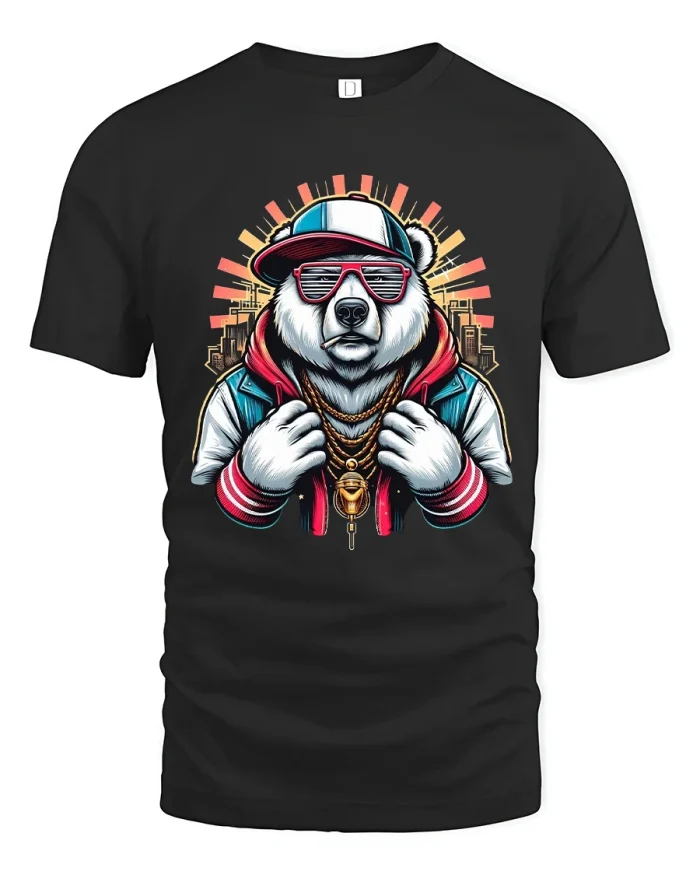 Cool Hip Hop Bear Tshirt Urban Street Style Cartoon Artwork - black t-shirt on white background