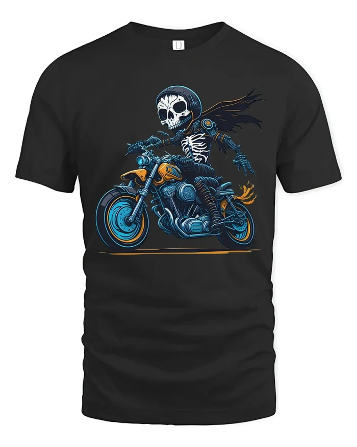 Skeleton Biker Tshirt Dark Rider Street Art Motorcycle Design - black t-shirt on white background