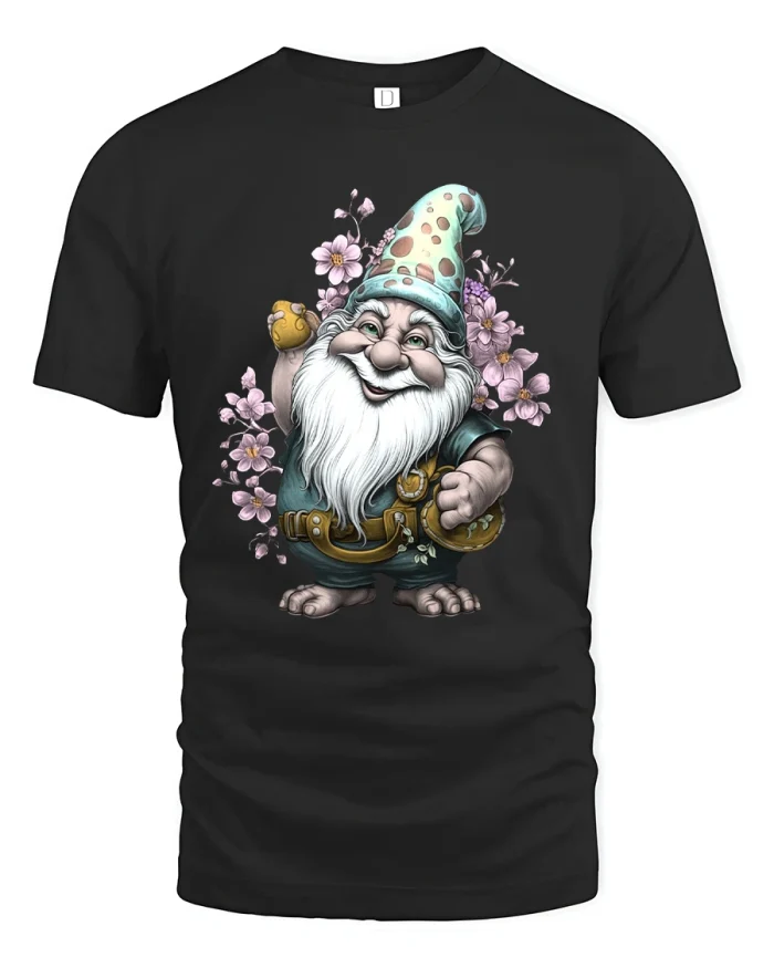 Happy Garden Gnome Tshirt Whimsical Floral Fantasy Art Design - black t-shirt on white background