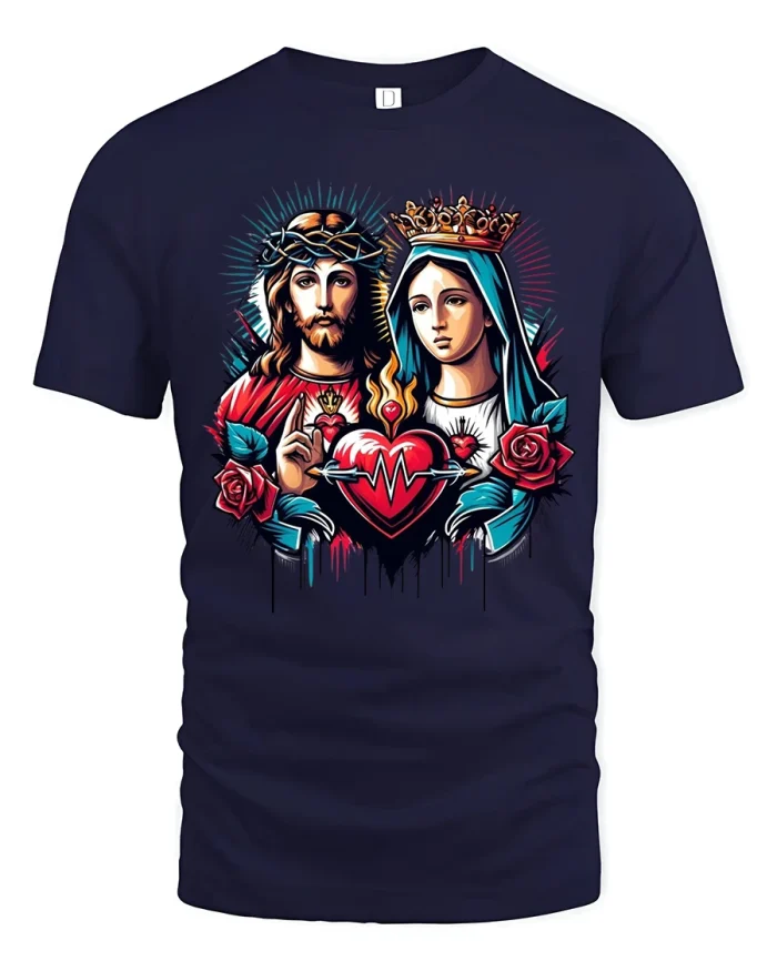 Sacred Heart Jesus Mary Tshirt Faith Art Spiritual Design - navy t-shirt on white background