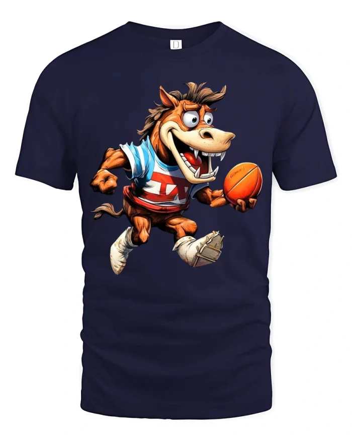 Funny Football Horse Tshirt Cartoon Sports Action Art - navy t-shirt on white background