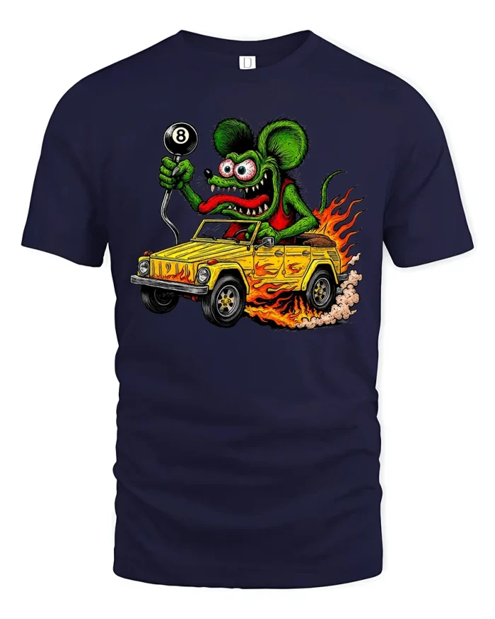 Crazy Monster Mouse Car Tshirt Funny Hot Rod Cartoon Art - navy t-shirt on white background