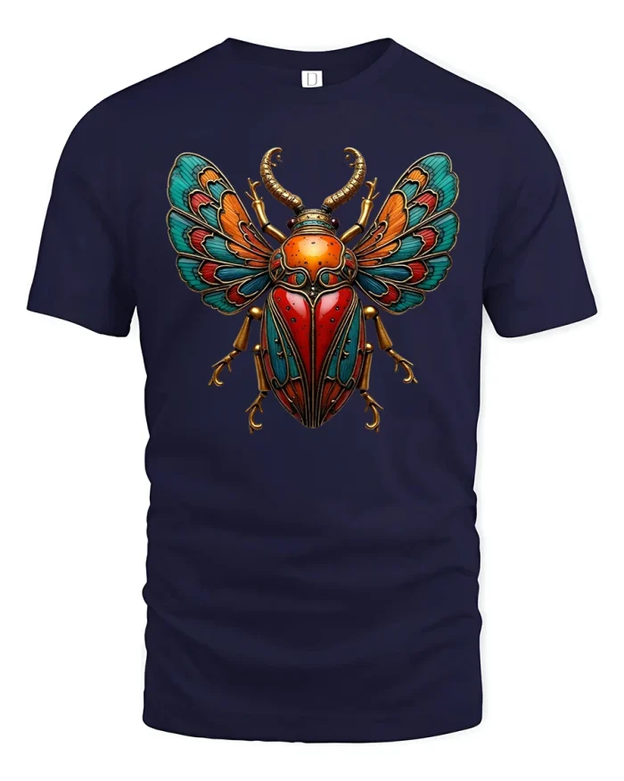 Ornate Winged Beetle Tshirt Vibrant Sacred Insect Art - navy t-shirt on white background