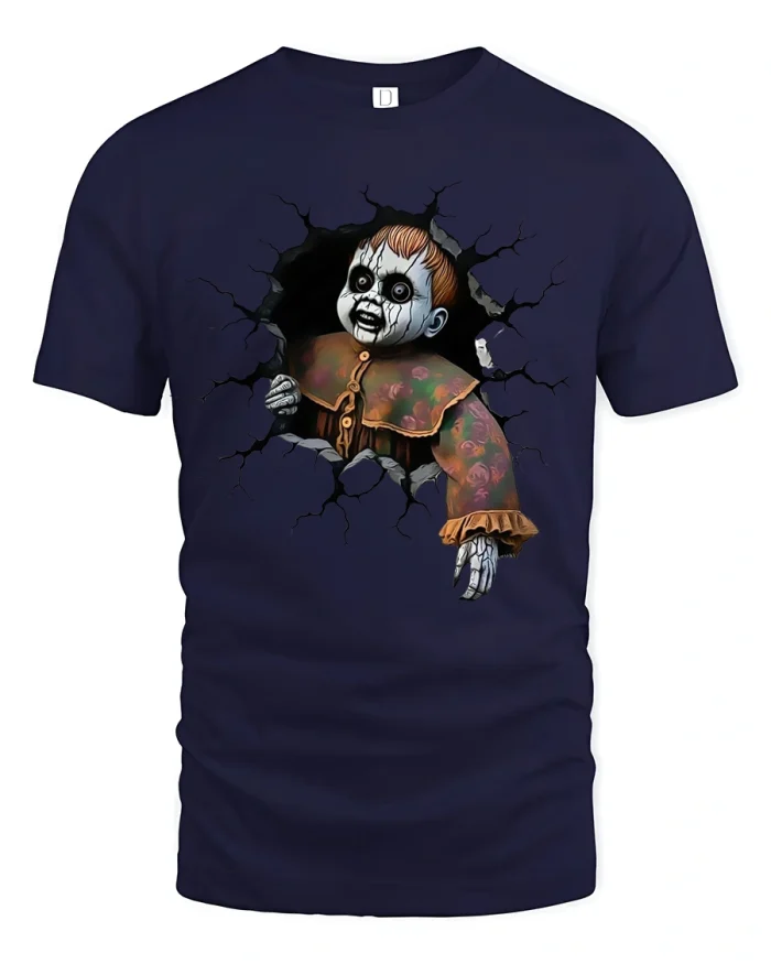 Creepy Broken Doll Tshirt Horror Cracked Wall Artwork - navy t-shirt on white background