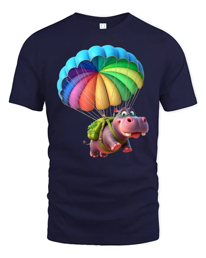 Funny Parachute Hippo Tshirt Cute Adventure Cartoon Art - navy t-shirt on white background
