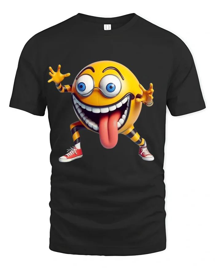 Crazy Goofy Emoji Face Graphic T Shirt With Big Tongue - black t-shirt on white background