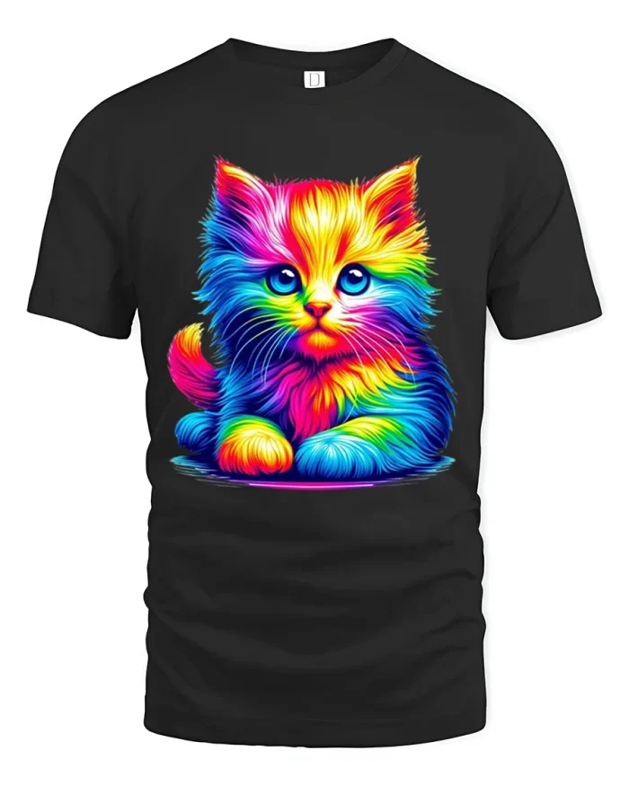 Rainbow Neon Kitten Graphic T Shirt Vibrant Cat Art - black t-shirt on white background