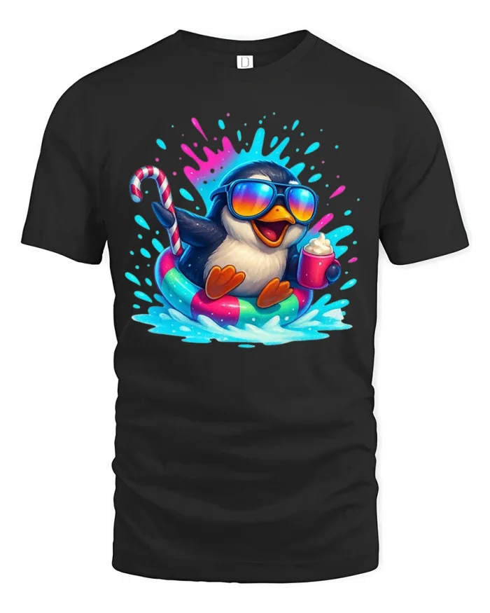 Cool Summer Penguin Graphic T Shirt With Sunglasses - black t-shirt on white background