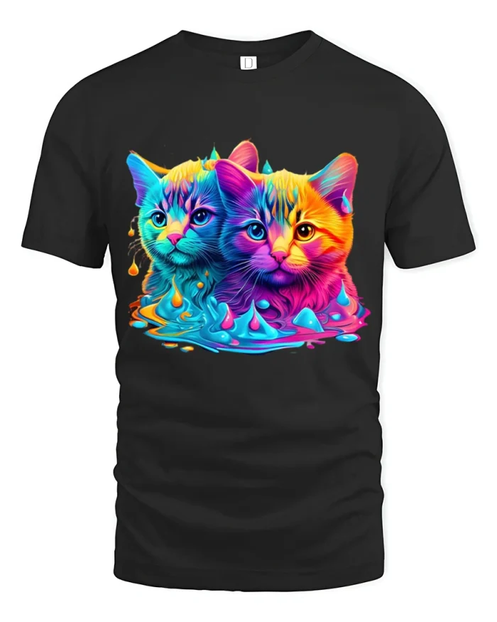 Colorful Neon Kittens Graphic T Shirt Vibrant Cat Art - black t-shirt on white background