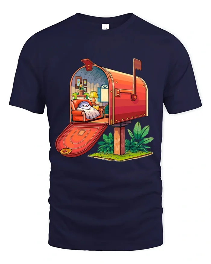 Cozy Mailbox Home Graphic T Shirt Cute Snail House Art - navy t-shirt on white background