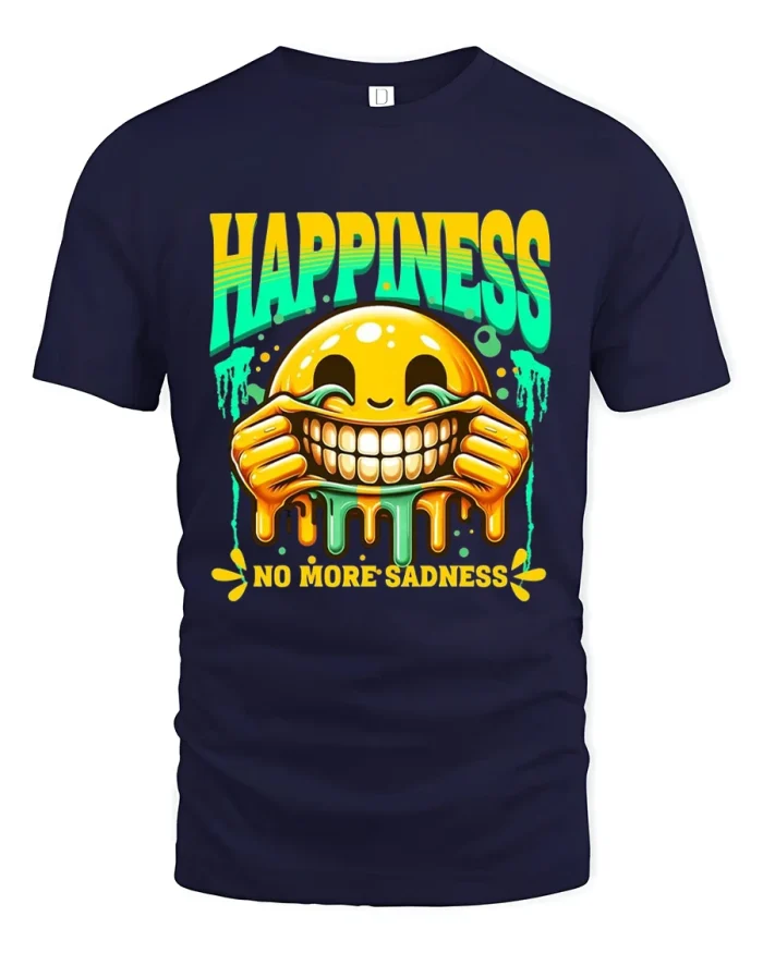 Happiness No More Sadness Smiley Graphic T Shirt - navy t-shirt on white background