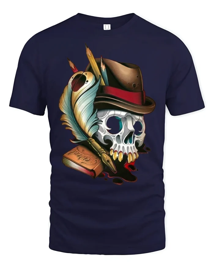 Gothic Writer Skull Graphic T Shirt Dark Poet Art - navy t-shirt on white background