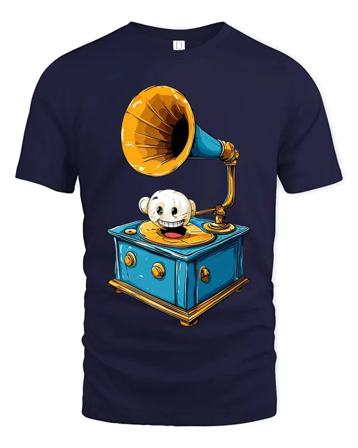 Vintage Gramophone Skull Graphic T Shirt Retro Music Art - navy t-shirt on white background