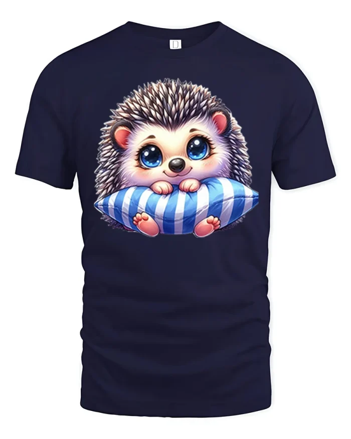 Cute Hedgehog On Pillow Graphic T Shirt Adorable Art - navy t-shirt on white background