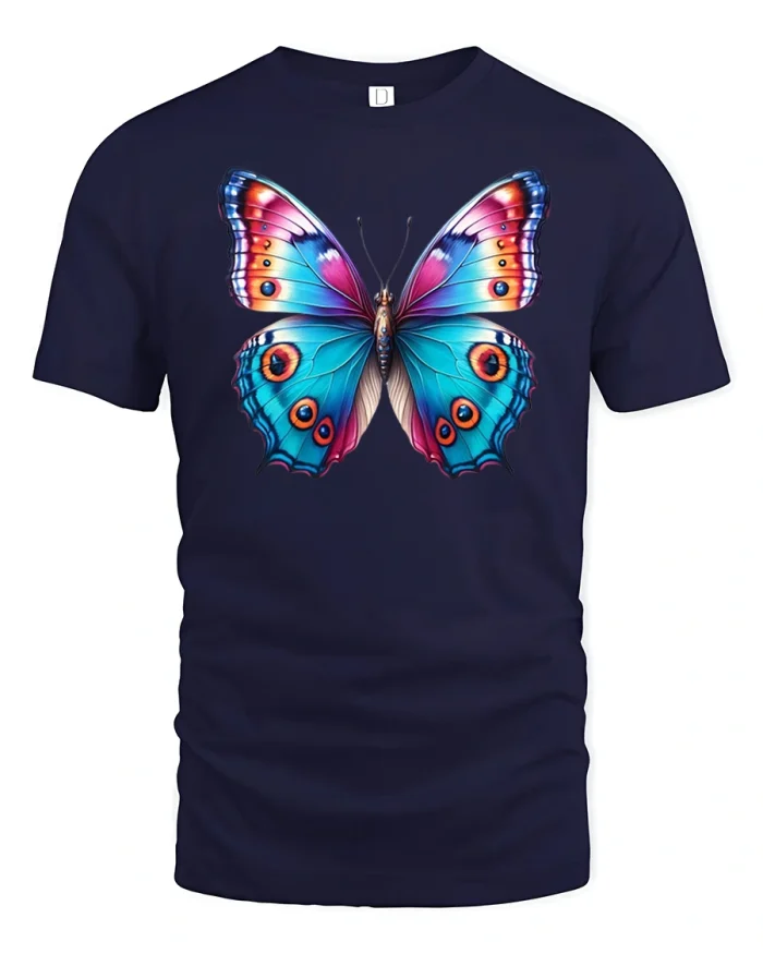Vibrant Blue Butterfly Graphic T Shirt Colorful Wings - navy t-shirt on white background