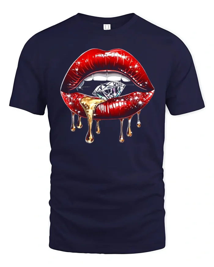 Red Lips Diamond Graphic T Shirt Dripping Gold Art - navy t-shirt on white background