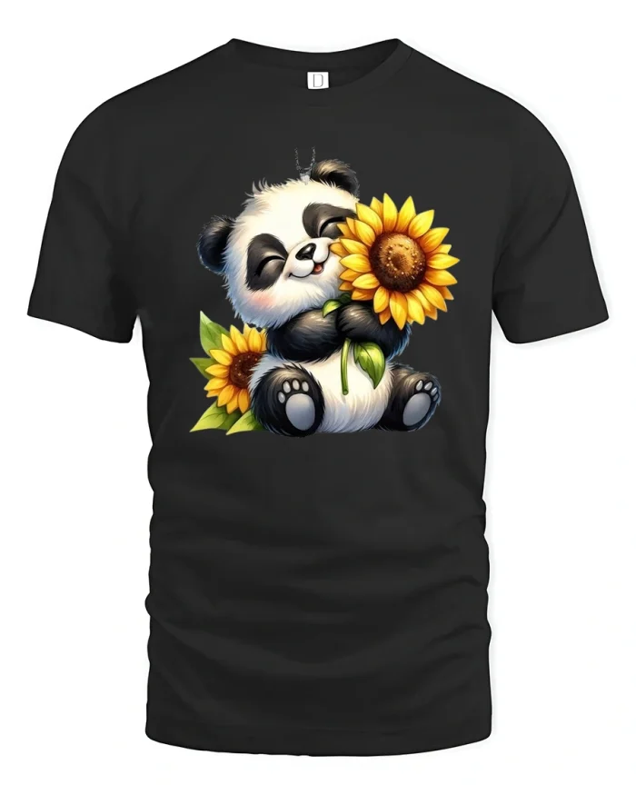 Cute Panda Hugging Sunflower Graphic T Shirt - black t-shirt on white background