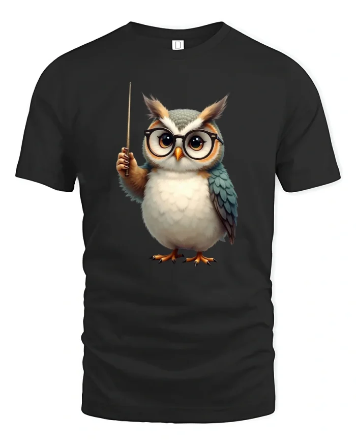 Cute Owl Teacher With Glasses Cartoon T Shirt - black t-shirt on white background