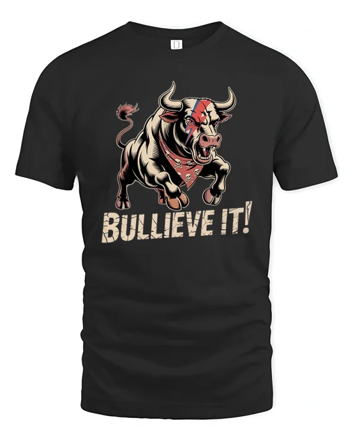 Bullieve It Funny Charging Bull Graphic T Shirt - black t-shirt on white background