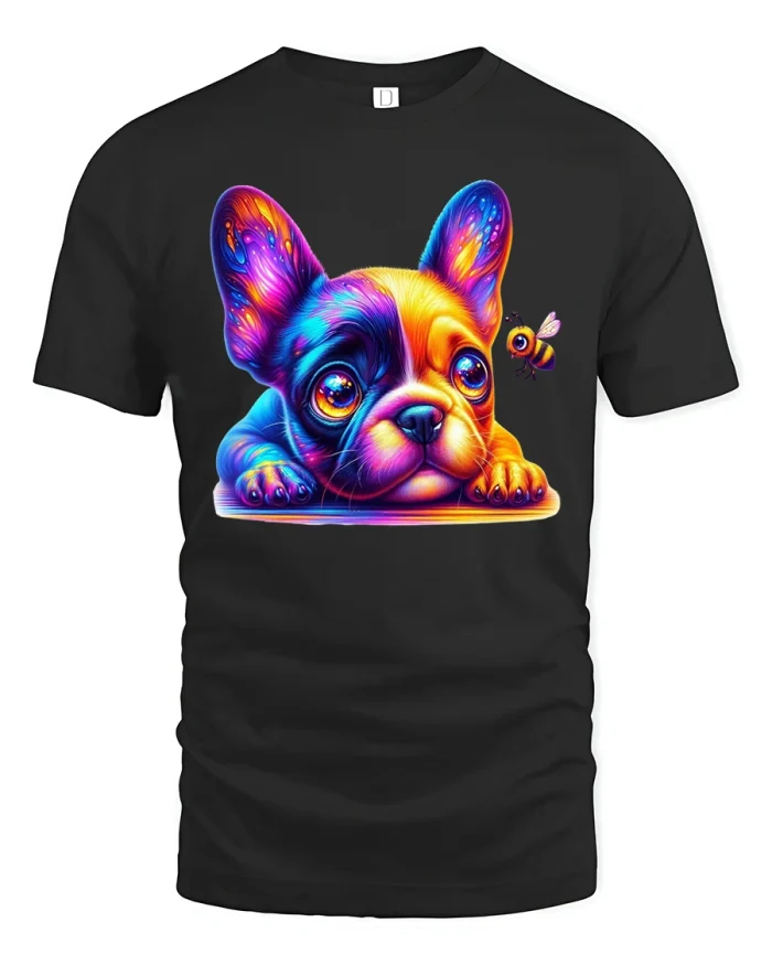 Colorful French Bulldog Puppy Neon Art T Shirt - black t-shirt on white background