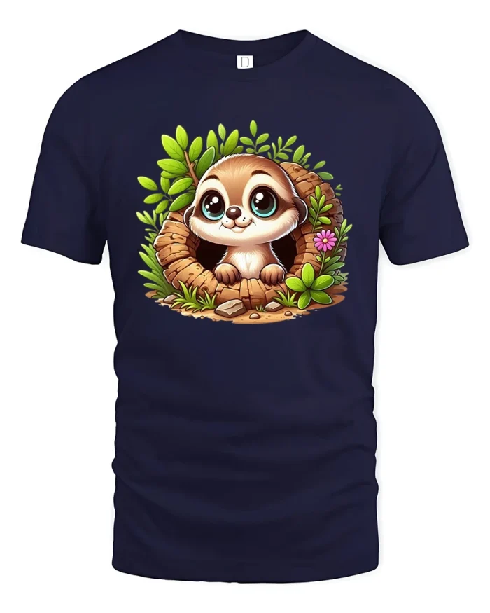 Cute Meerkat In Tree Stump Cartoon Graphic T Shirt - navy t-shirt on white background