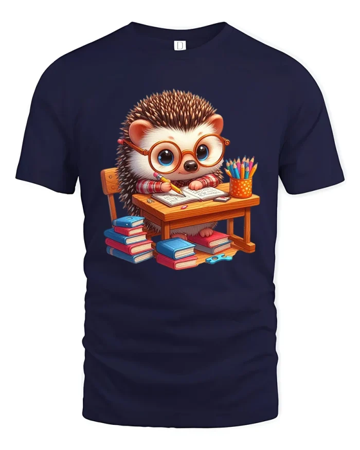 Cute Hedgehog Studying At Desk Cartoon T Shirt - navy t-shirt on white background