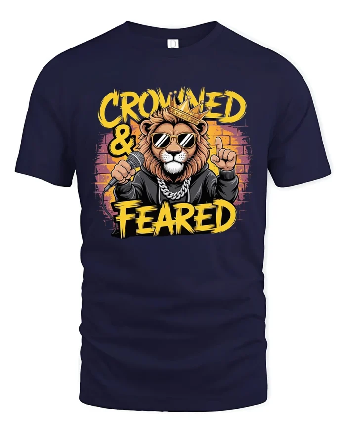 Crowned And Feared Lion Rapper Graphic T Shirt - navy t-shirt on white background