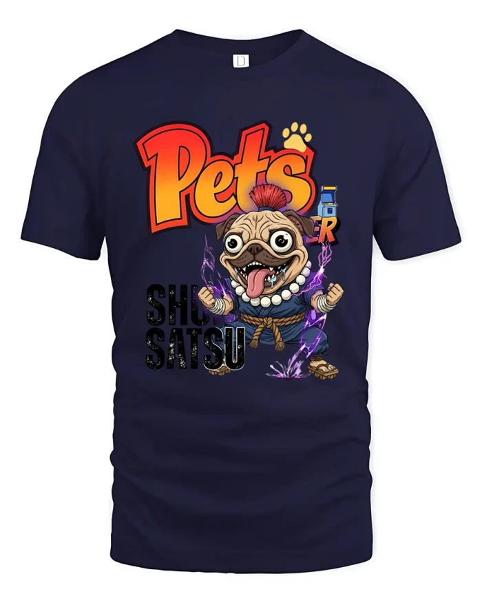 Pets Over Shih Satsu Funny Pug Graphic T Shirt - navy t-shirt on white background