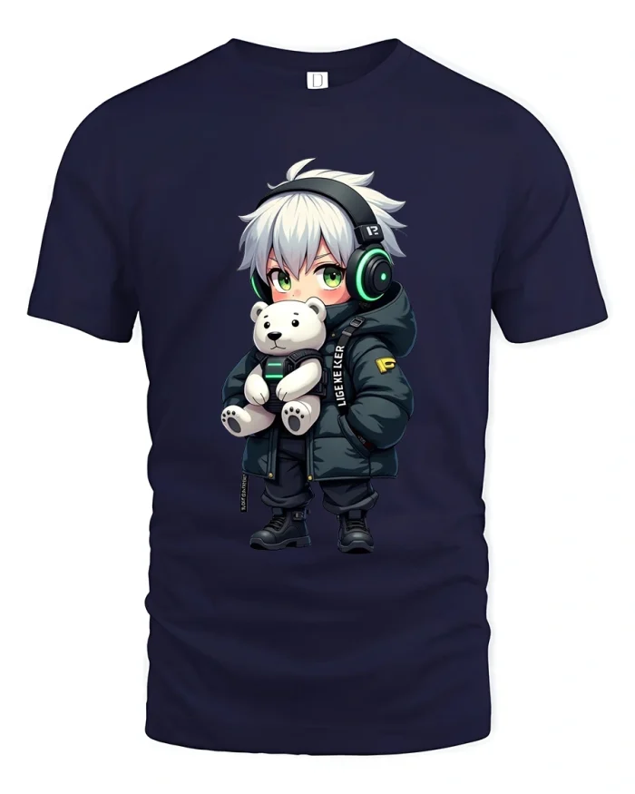 Cute Gamer Boy With Teddy Bear Graphic T Shirt - navy t-shirt on white background
