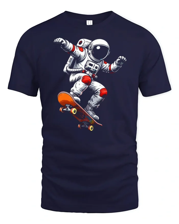 Skateboarding Astronaut Cool Space Graphic T Shirt - navy t-shirt on white background
