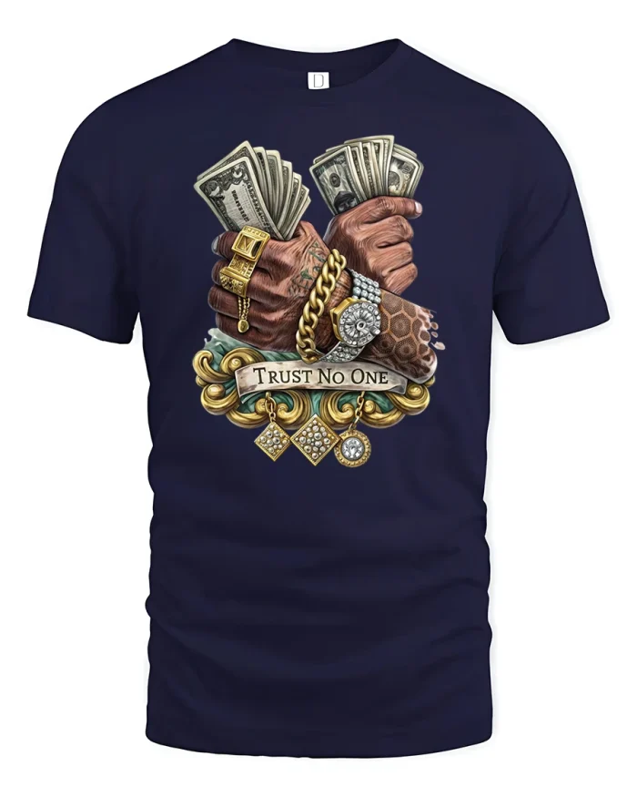 Trust No One Money Power Graphic T Shirt - navy t-shirt on white background
