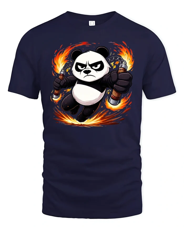 Fierce Ninja Panda With Fire Nunchucks T Shirt - navy t-shirt on white background