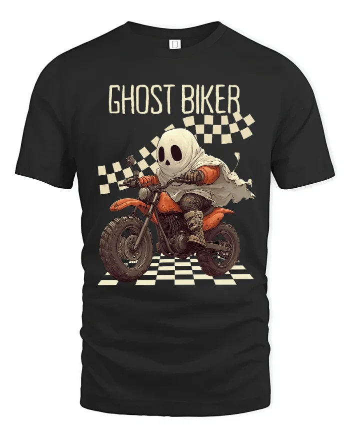 Ghost Biker Racing Skull Motorcycle T Shirt - black t-shirt on white background
