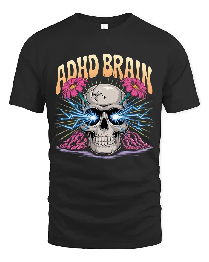 Adhd Brain Skull Lightning Graphic T Shirt - black t-shirt on white background