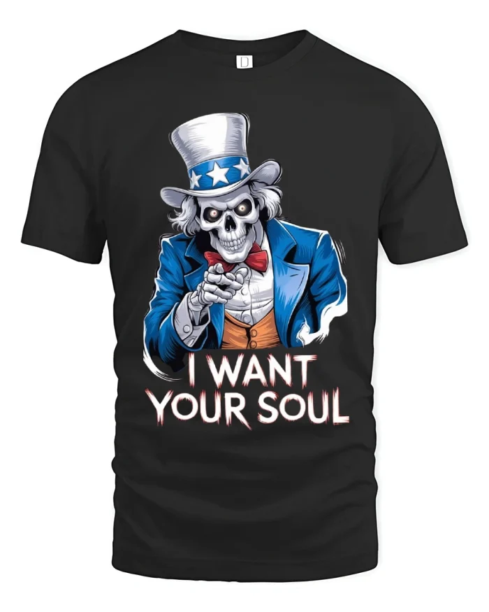 Uncle Sam Skull I Want Your Soul T Shirt - black t-shirt on white background