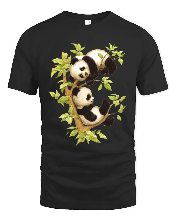 Cute Baby Panda Climbing Tree Graphic T Shirt - black t-shirt on white background