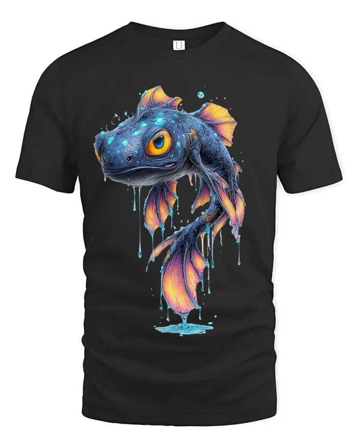 Neon Fantasy Goldfish Dripping Art T Shirt - black t-shirt on white background